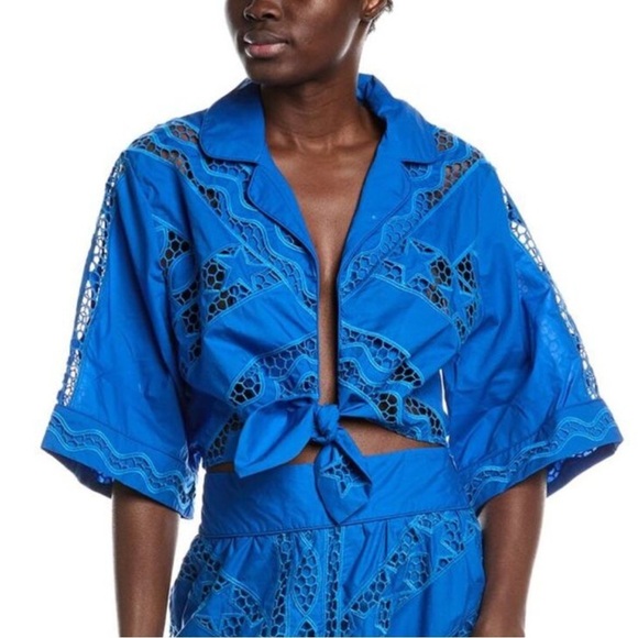 Farm Rio Striped Richelieu Blouse NWOT Tie Front Eyelet Women’s Size M Blue - Picture 1 of 5